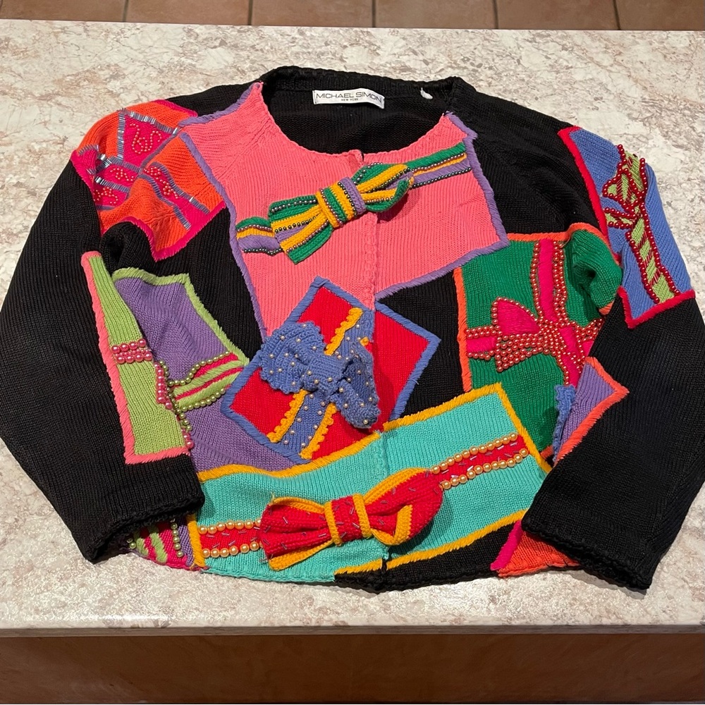 Vintage Michael Simon Holiday Gifts Bows Collectible Ugly Christmas Sweater 1996 - Picture 2 of 14